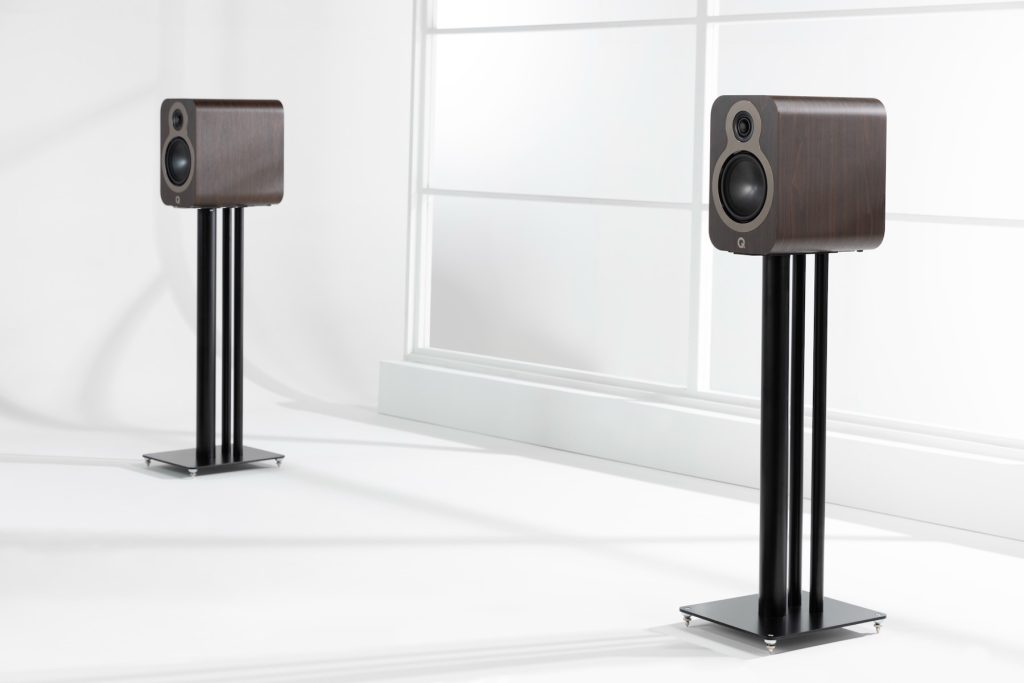Q Acoustics 3020c Claro Walnut On Speakers Stands